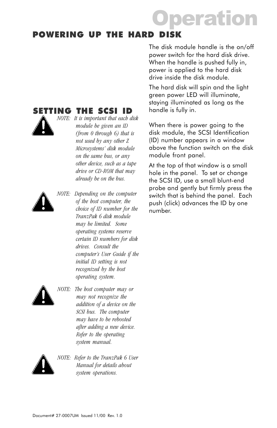 Powering up the hard disk, Setting the scsi id, Operation | Z Microsystems ZX Station User Manual | Page 19 / 34