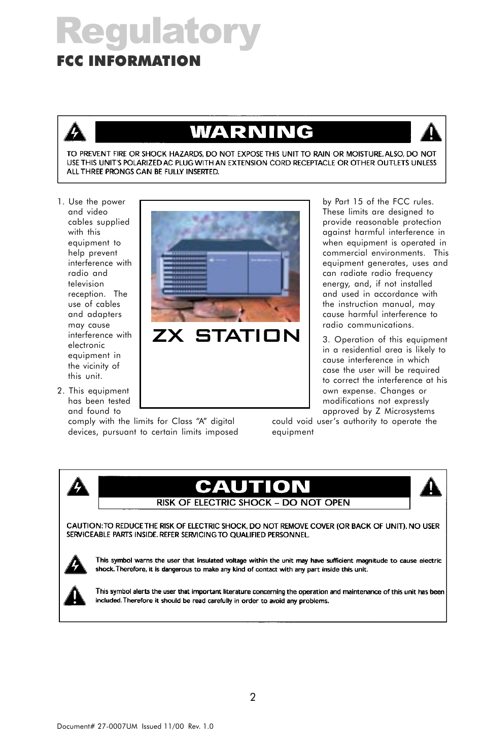 Regulatory, Zx station, Fcc information | Z Microsystems ZX Station User Manual | Page 2 / 34