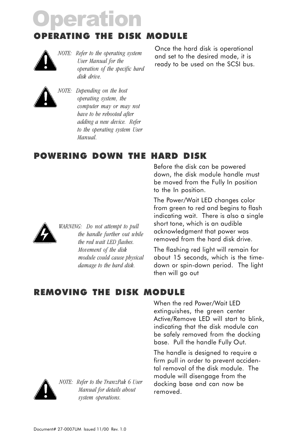 Operating the disk module, Powering down the hard disk, Removing the disk module | Operation | Z Microsystems ZX Station User Manual | Page 22 / 34