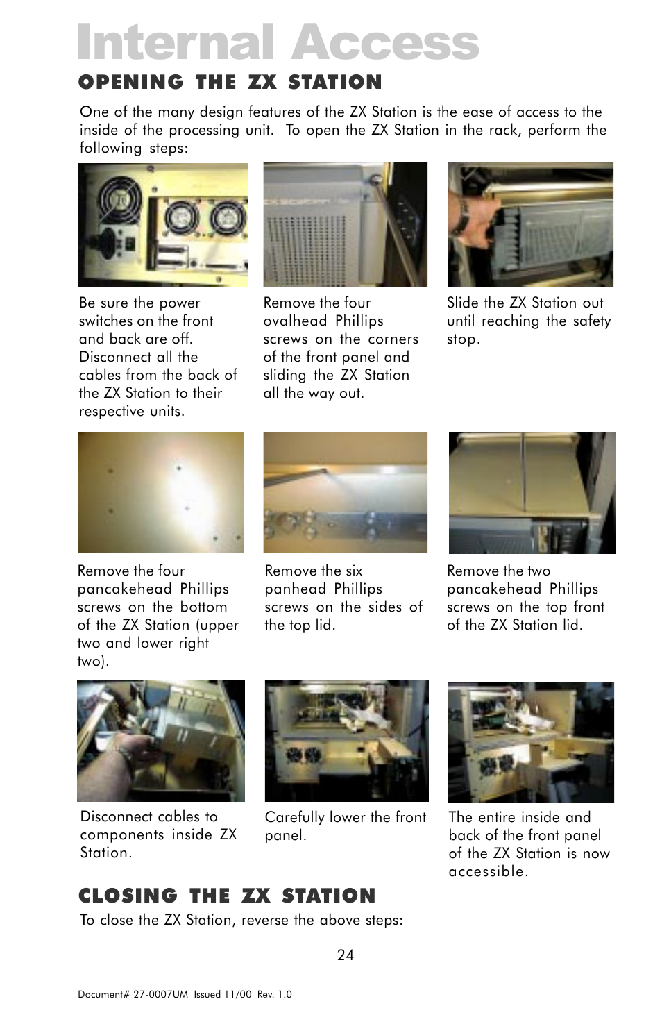 Internal access, Opening the zx station, Closing the zx station | Z Microsystems ZX Station User Manual | Page 24 / 34