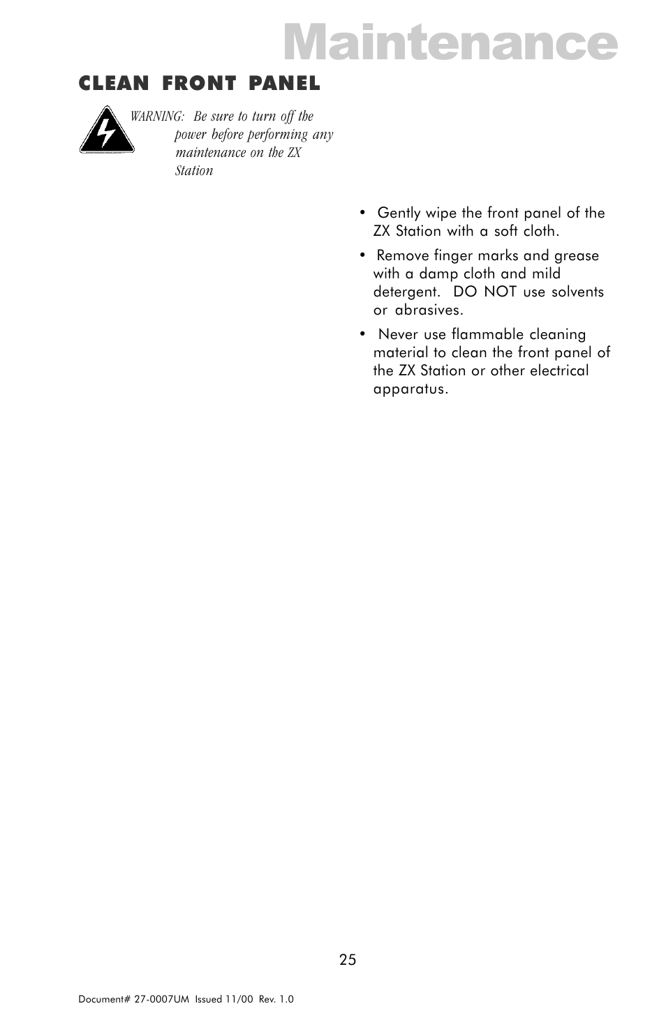 Maintenance, Clean front panel | Z Microsystems ZX Station User Manual | Page 25 / 34