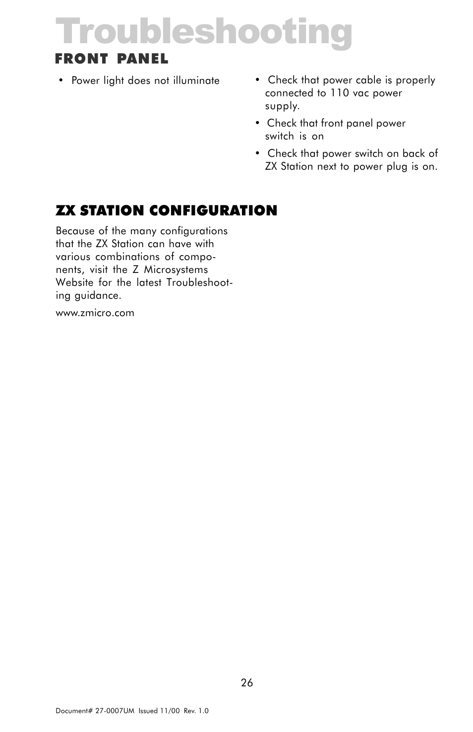 Troubleshooting, Front panel26, Zx station configuration | Front panel | Z Microsystems ZX Station User Manual | Page 26 / 34