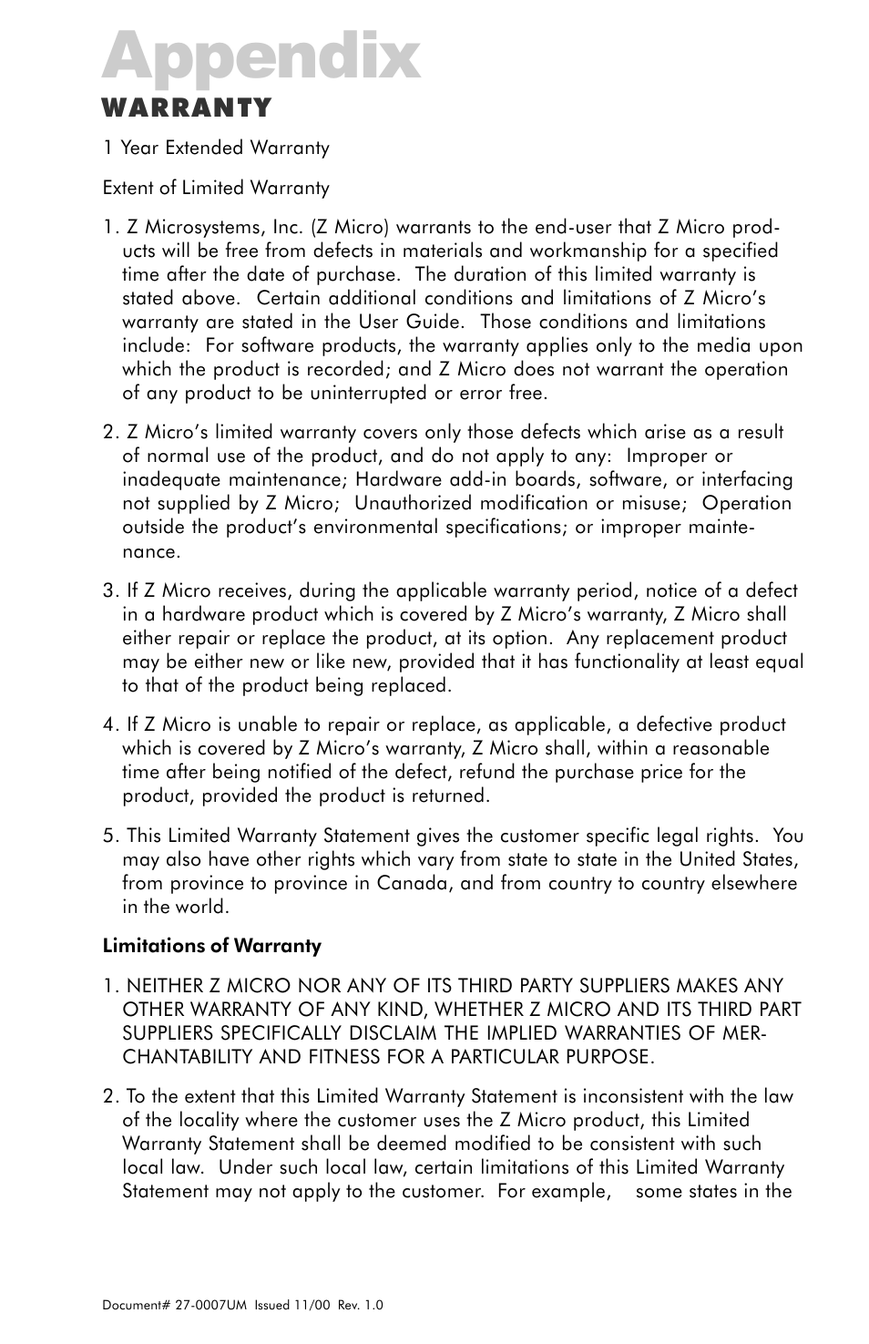 Appendix, Warranty | Z Microsystems ZX Station User Manual | Page 28 / 34