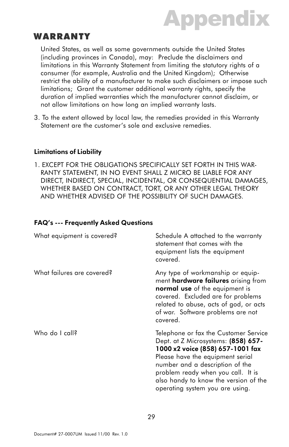 Appendix, Warranty | Z Microsystems ZX Station User Manual | Page 29 / 34