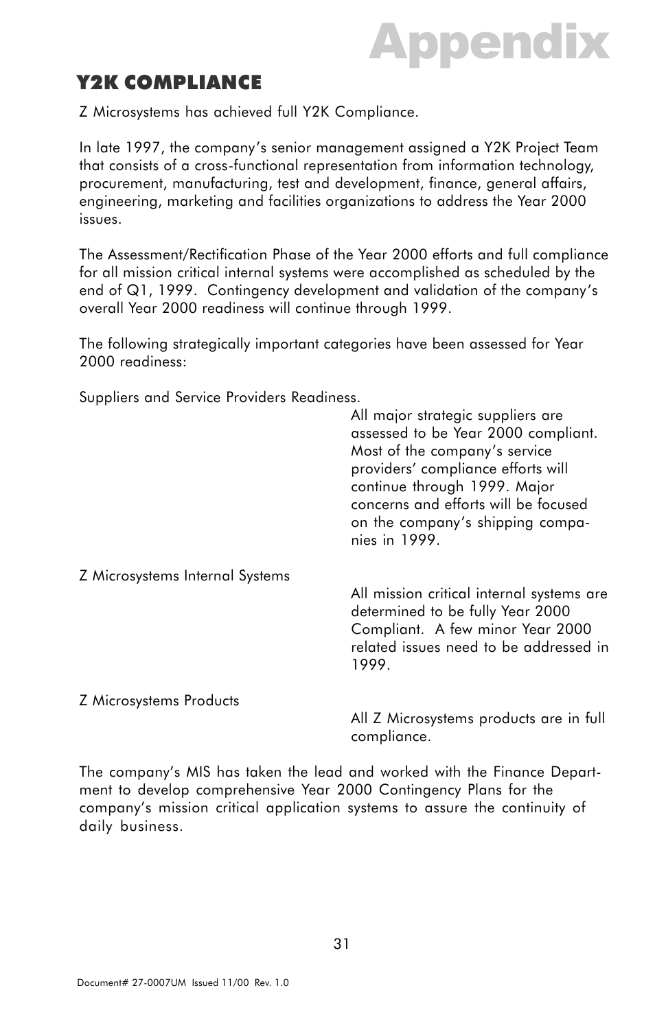 Y2k compliance, Appendix | Z Microsystems ZX Station User Manual | Page 31 / 34