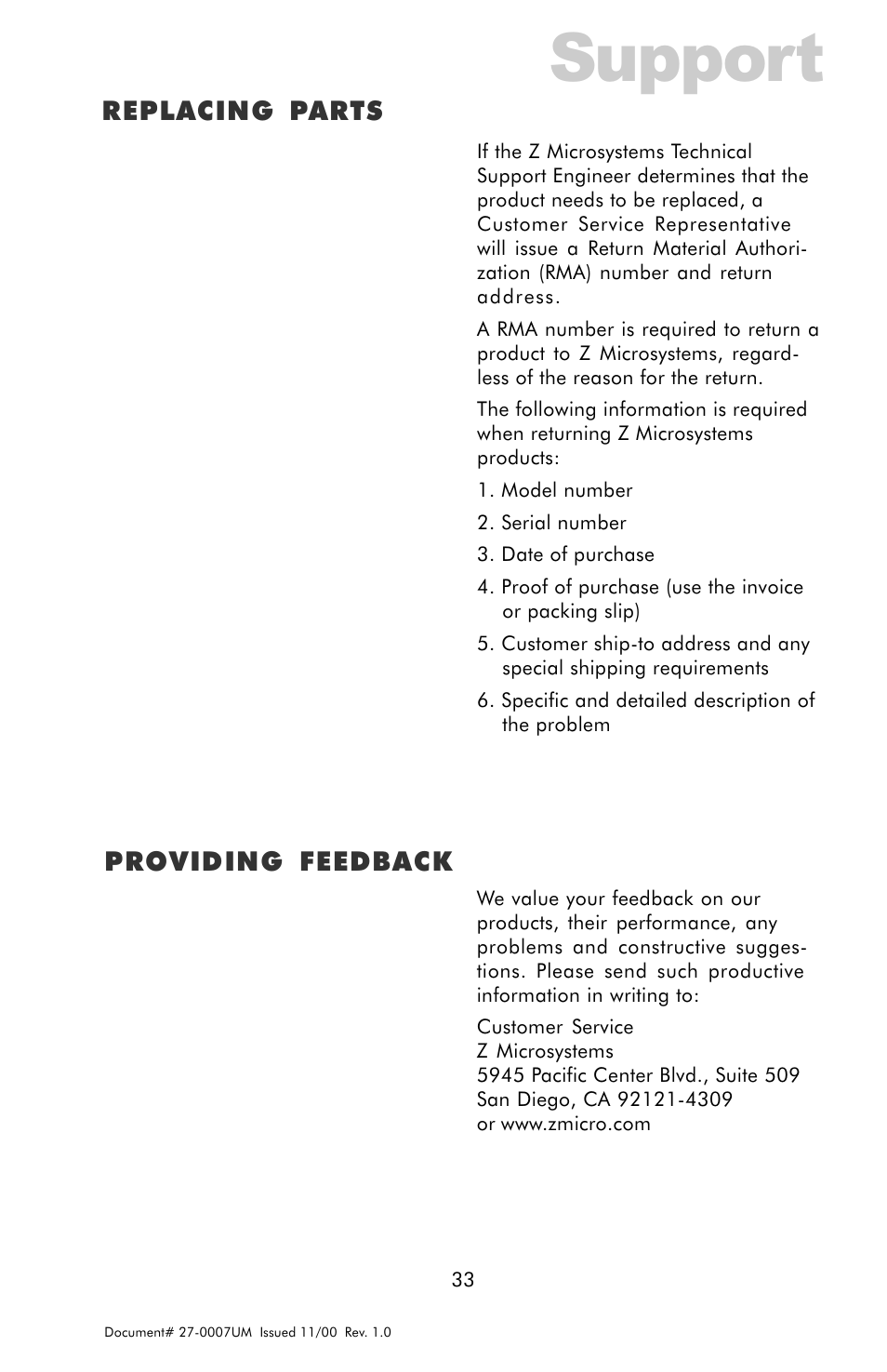 Replacing parts, Providing feedback, Support | Z Microsystems ZX Station User Manual | Page 33 / 34