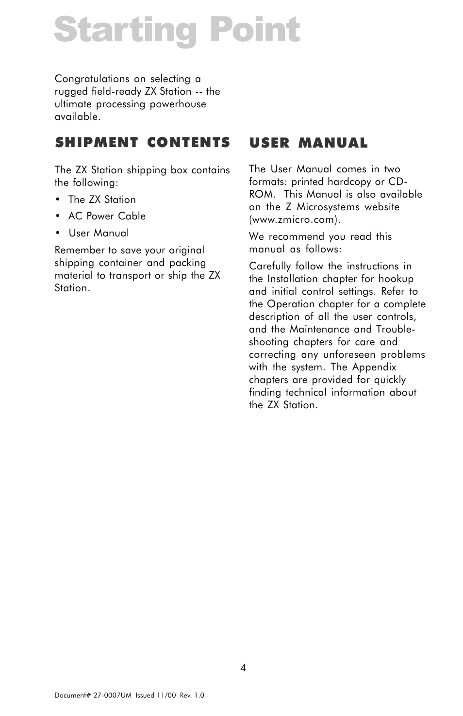 Starting point, Shipment contents, User manual4 | User manual shipment contents | Z Microsystems ZX Station User Manual | Page 4 / 34