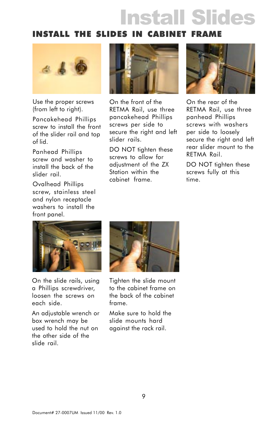 Install the slides in rack frame, Install slides, Install the slides in cabinet frame | Z Microsystems ZX Station User Manual | Page 9 / 34