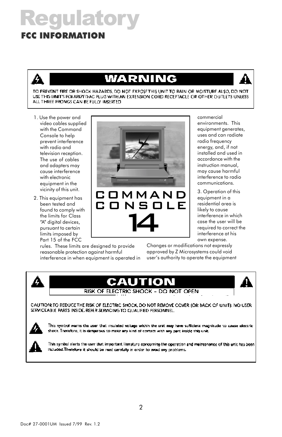 Regulatory, Command c o ns ole, Fcc information | Z Microsystems 14 User Manual | Page 2 / 32