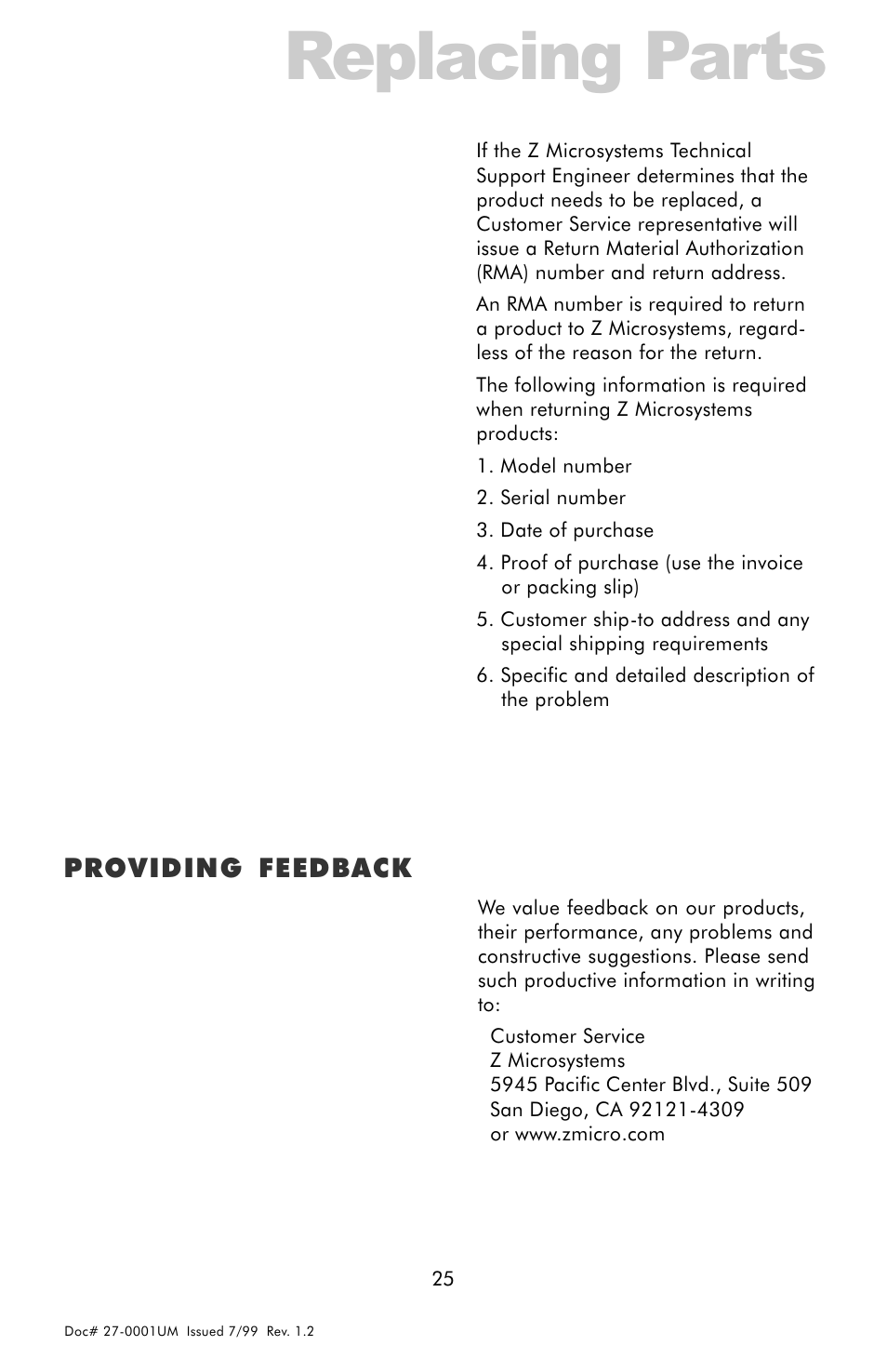 Replacing parts, Providing feedback | Z Microsystems 14 User Manual | Page 25 / 32