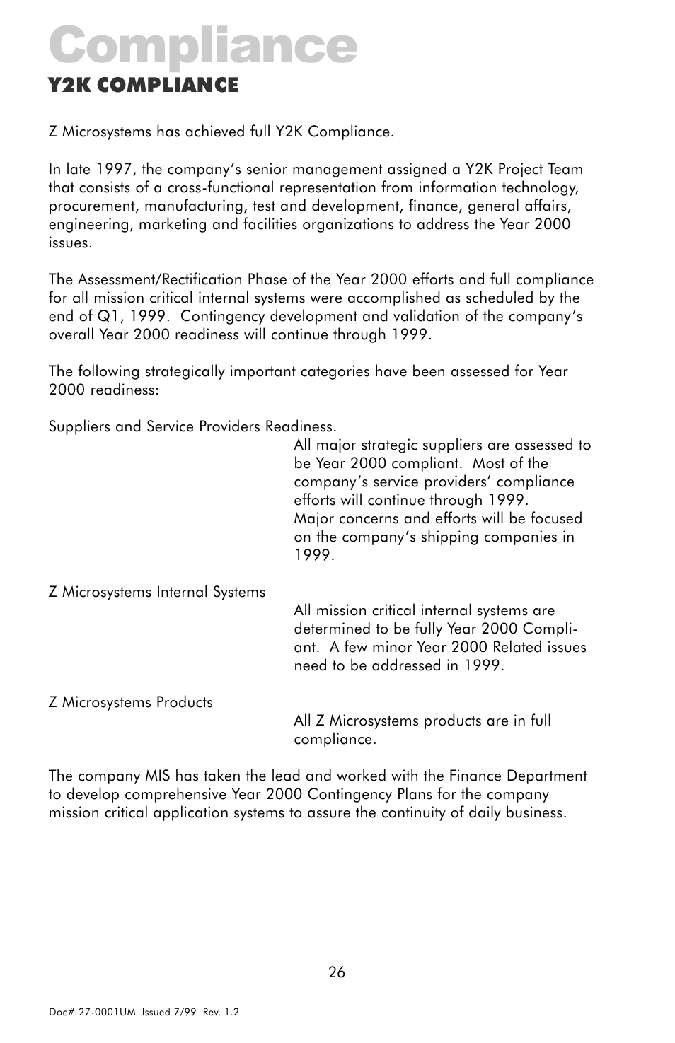 Compliance, Y2k compliance | Z Microsystems 14 User Manual | Page 26 / 32
