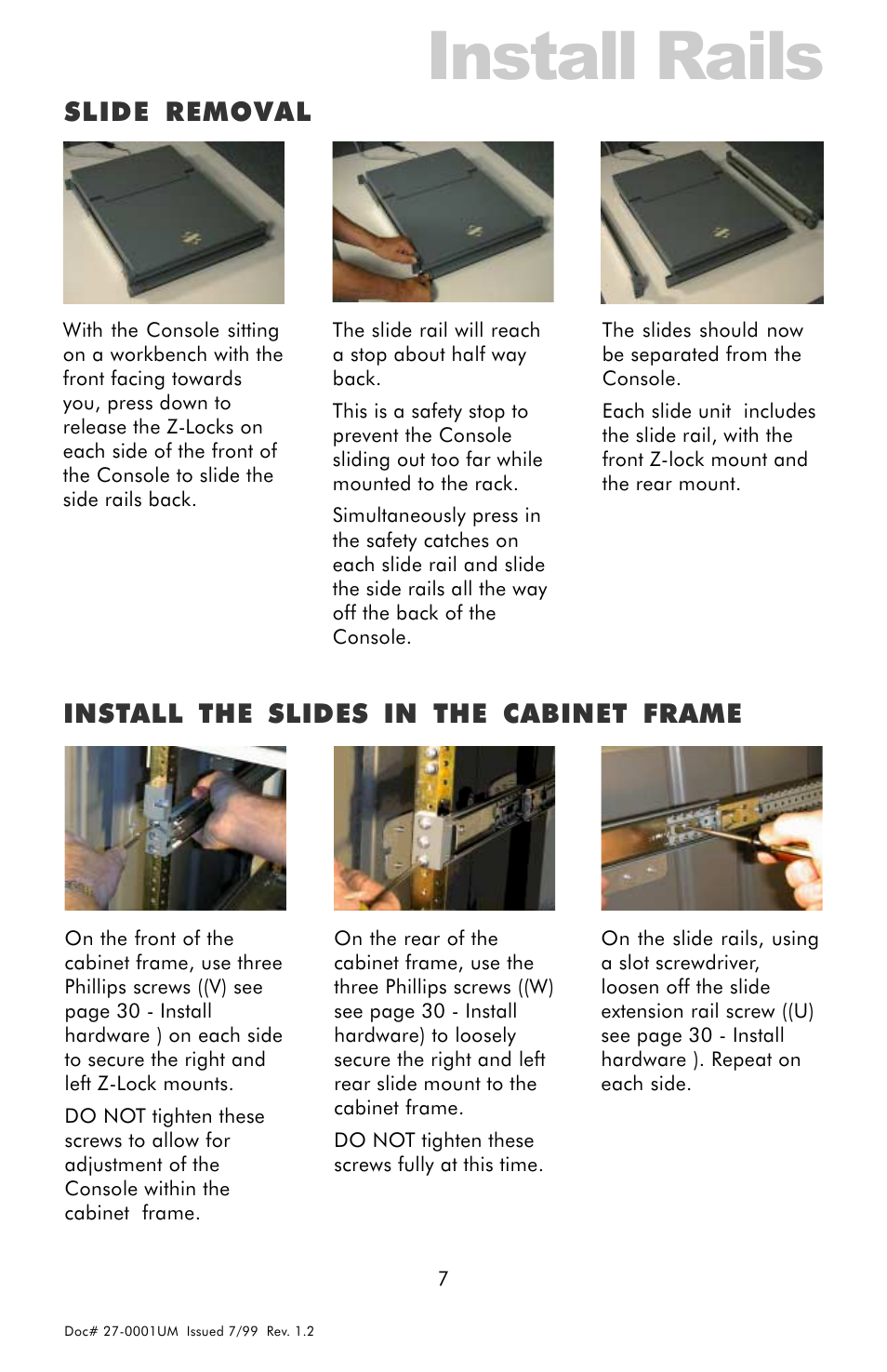 Install rails, Slide removal, Install the slides in the cabinet frame | Z Microsystems 14 User Manual | Page 7 / 32