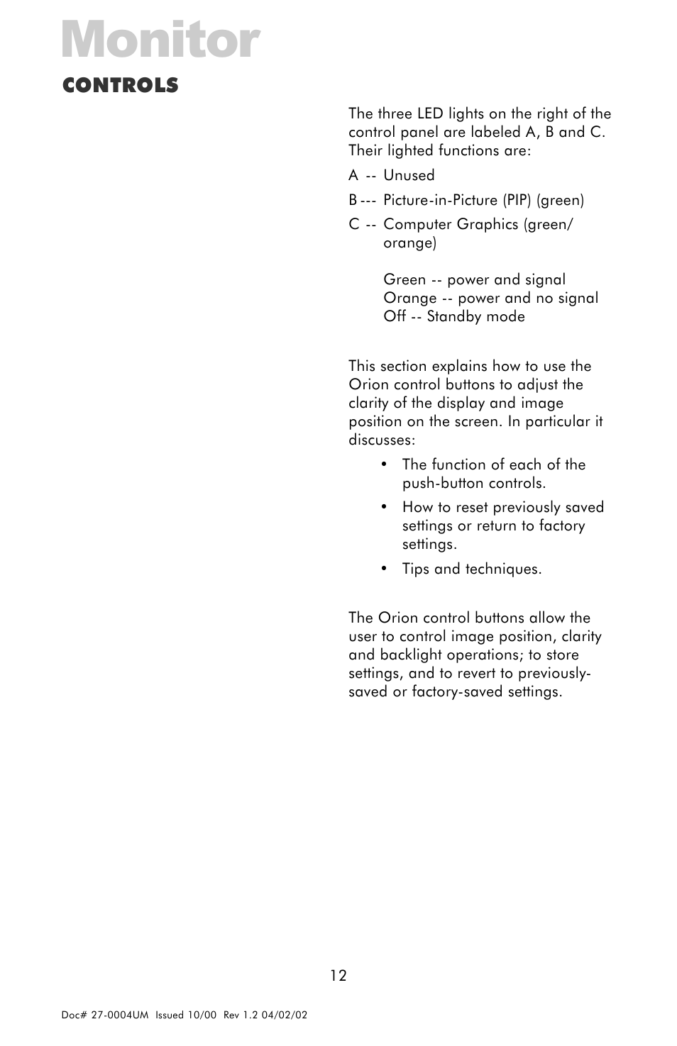 Monitor, Controls | Z Microsystems 18 User Manual | Page 12 / 29