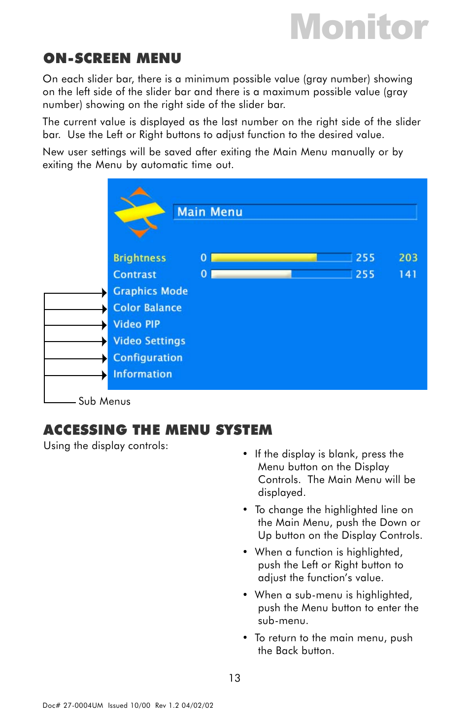 Monitor, On-screen menu accessing the menu system | Z Microsystems 18 User Manual | Page 13 / 29