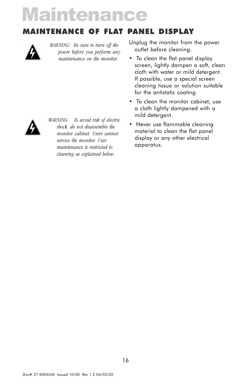 Maintenance, Maintenance of flat panel display | Z Microsystems 18 User Manual | Page 16 / 29
