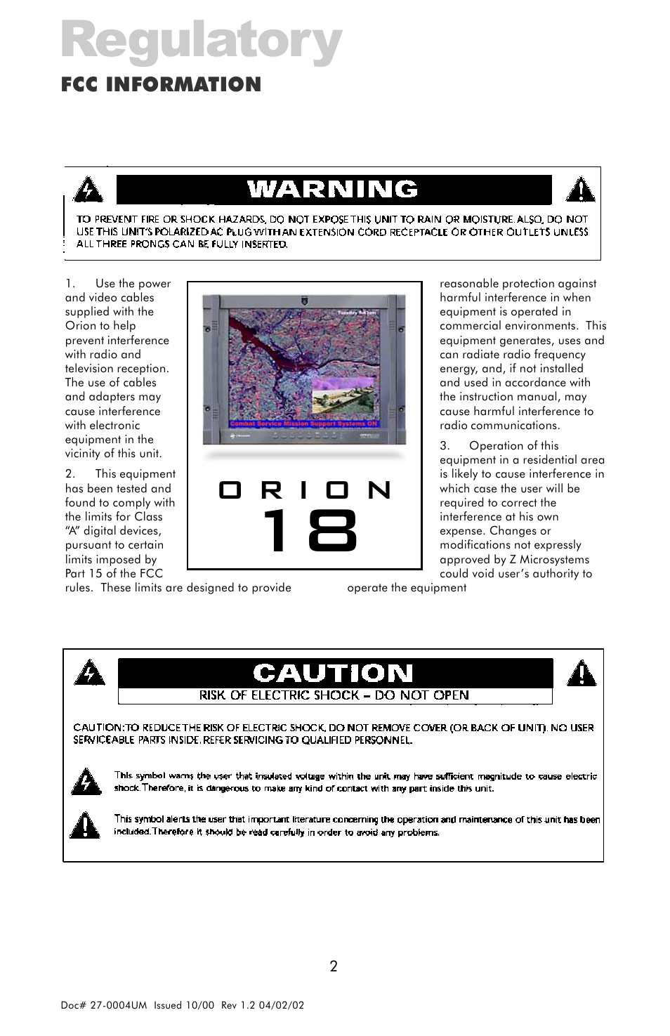 Regulatory, Fcc information | Z Microsystems 18 User Manual | Page 2 / 29