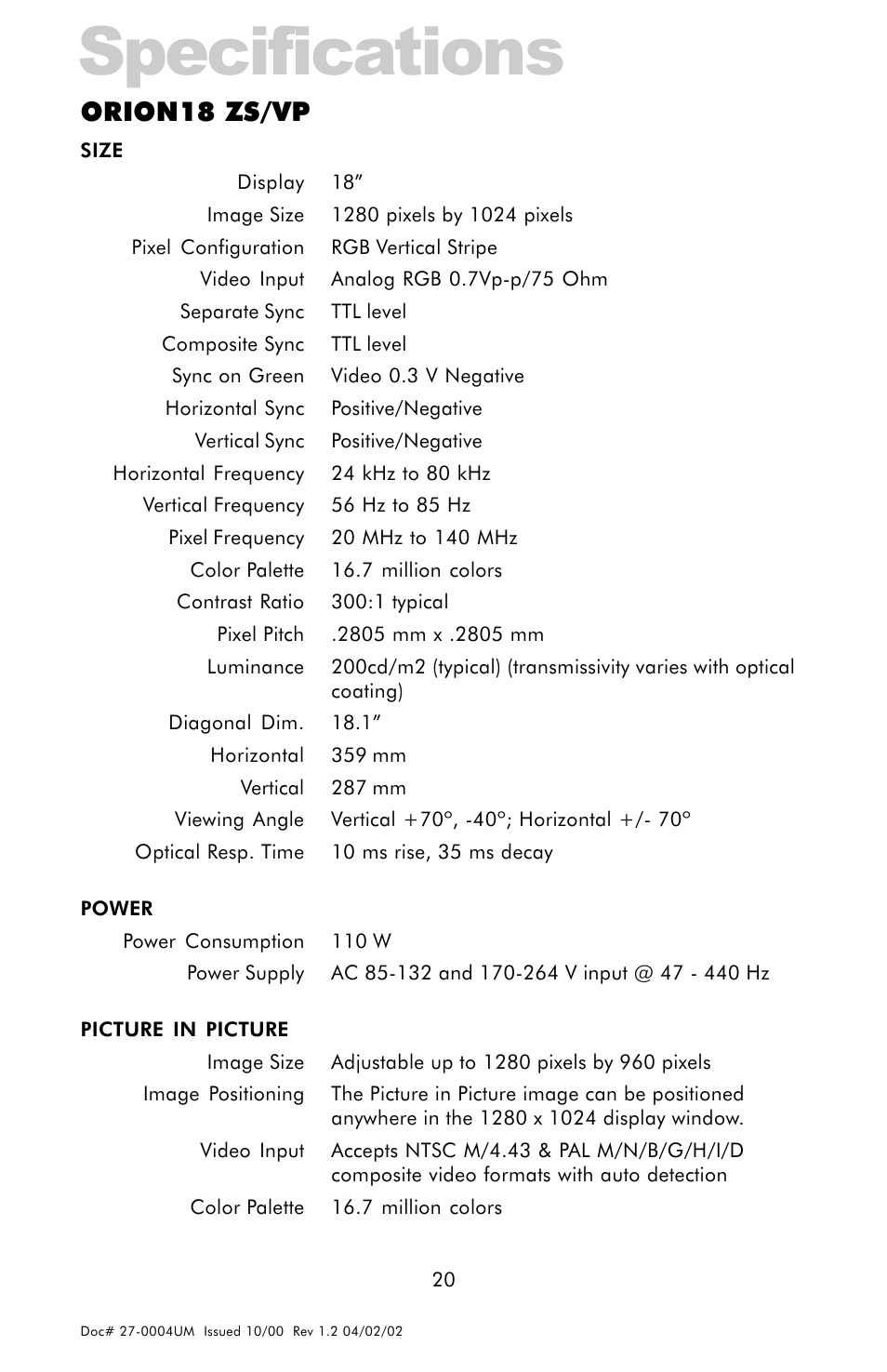 Specifications, Orion18 zs/vp | Z Microsystems 18 User Manual | Page 20 / 29