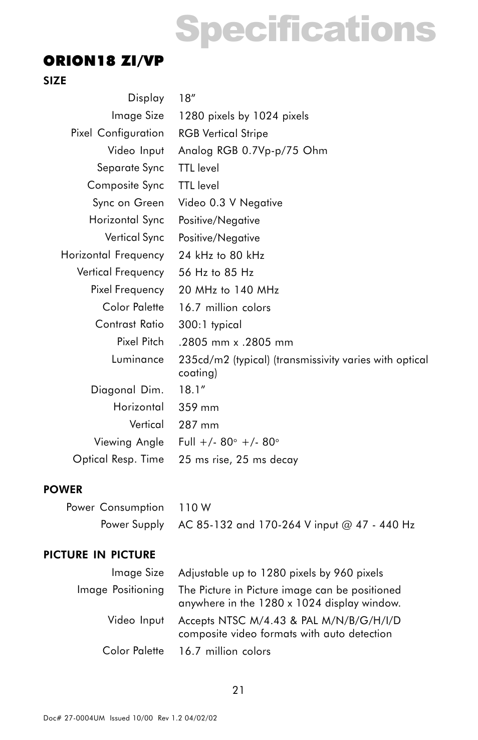 Specifications, Orion18 zi/vp | Z Microsystems 18 User Manual | Page 21 / 29