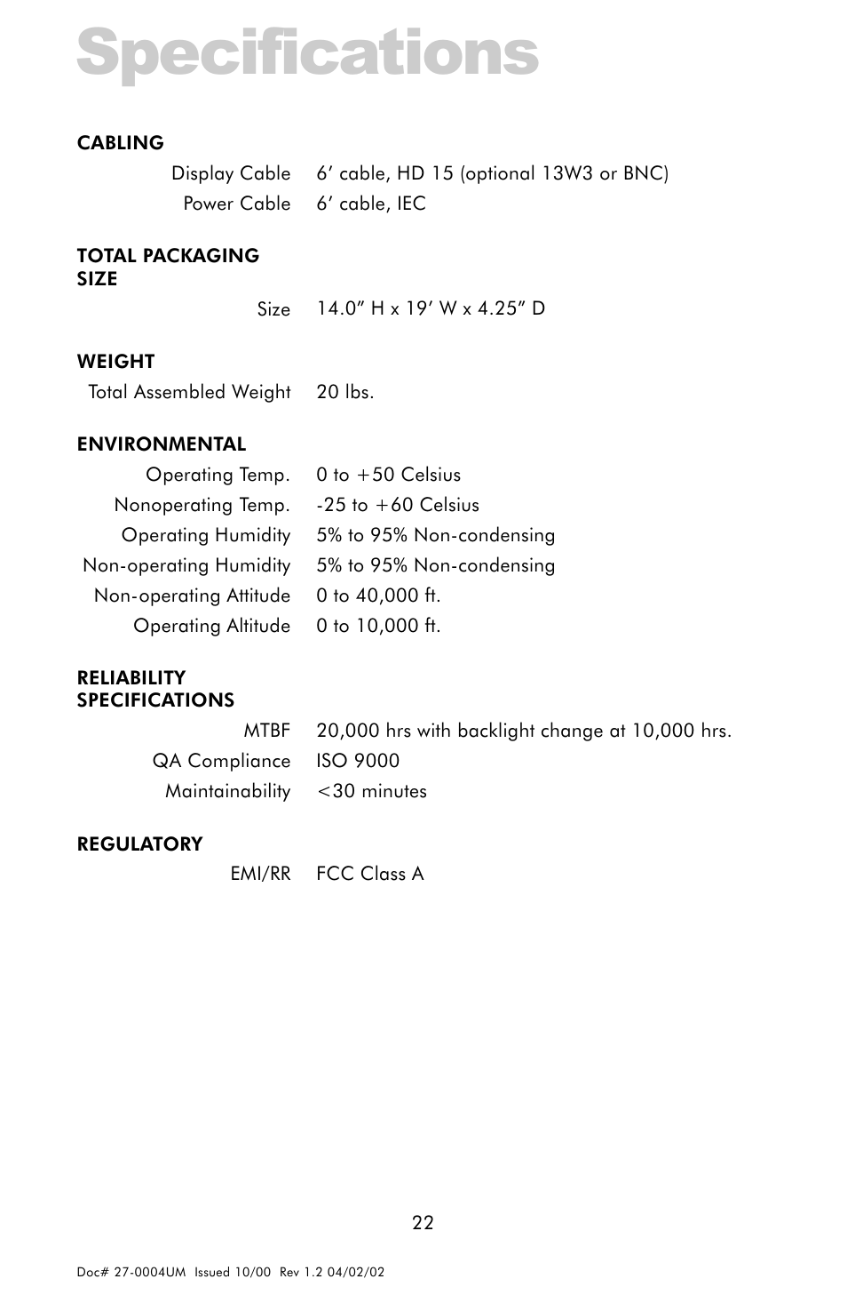 Specifications | Z Microsystems 18 User Manual | Page 22 / 29