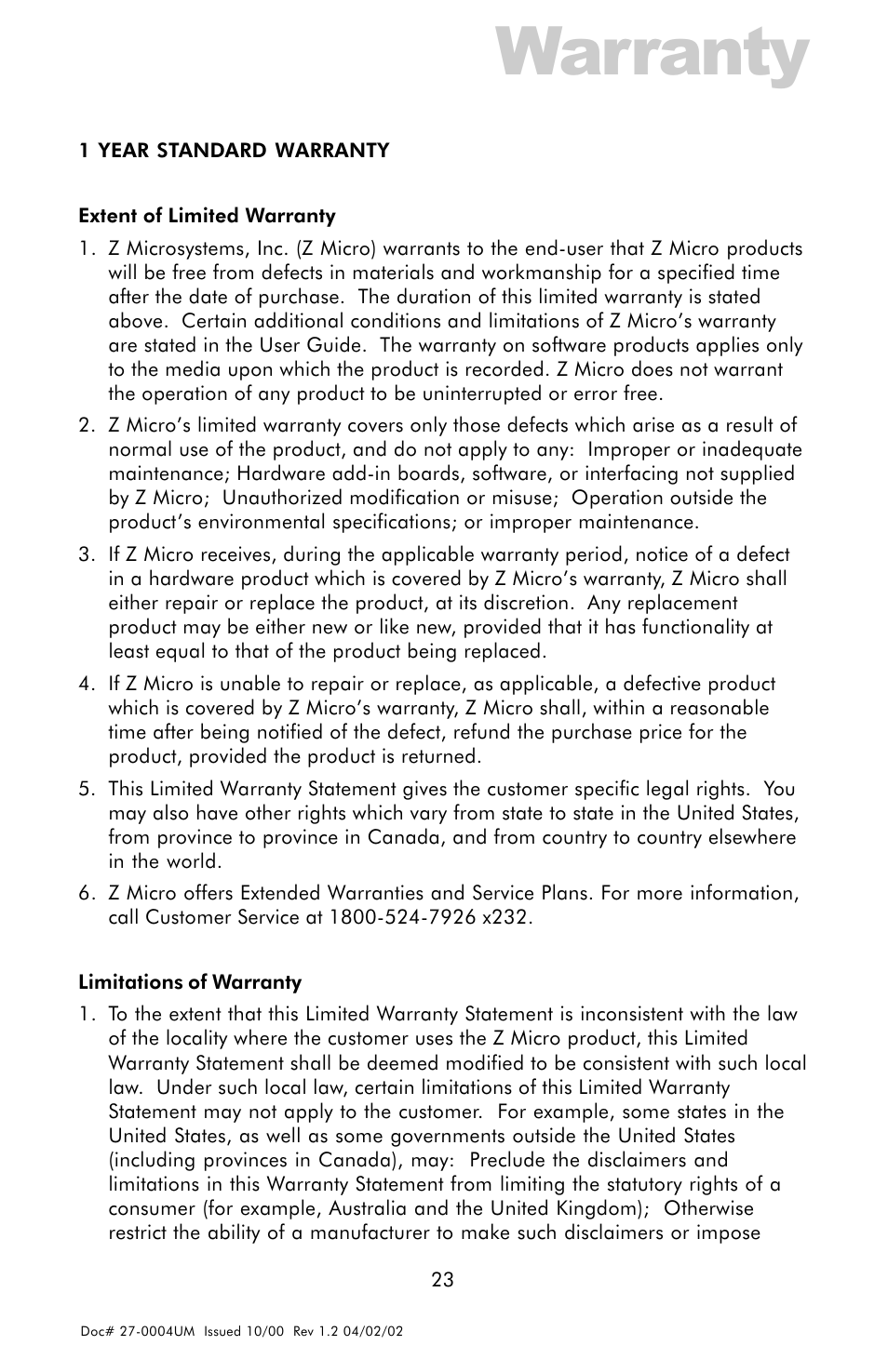 Warranty | Z Microsystems 18 User Manual | Page 23 / 29