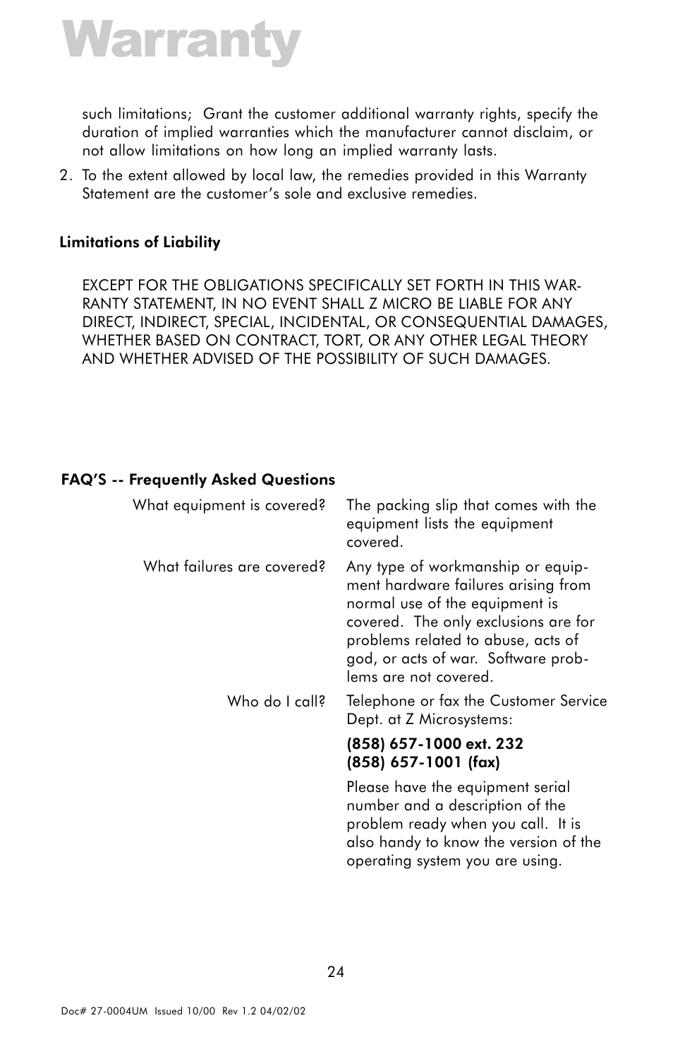 Warranty | Z Microsystems 18 User Manual | Page 24 / 29