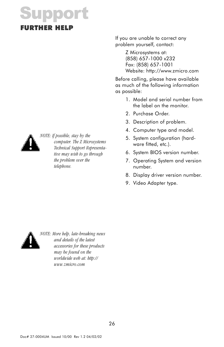Support, Further help | Z Microsystems 18 User Manual | Page 26 / 29