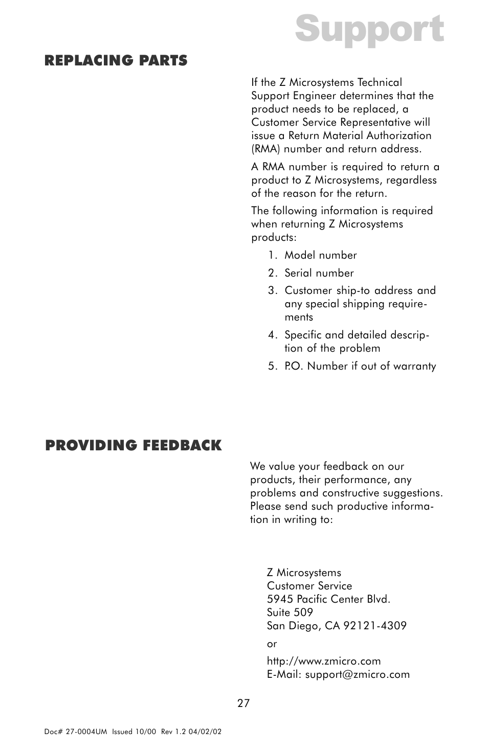 Support, Providing feedback, Replacing parts | Z Microsystems 18 User Manual | Page 27 / 29