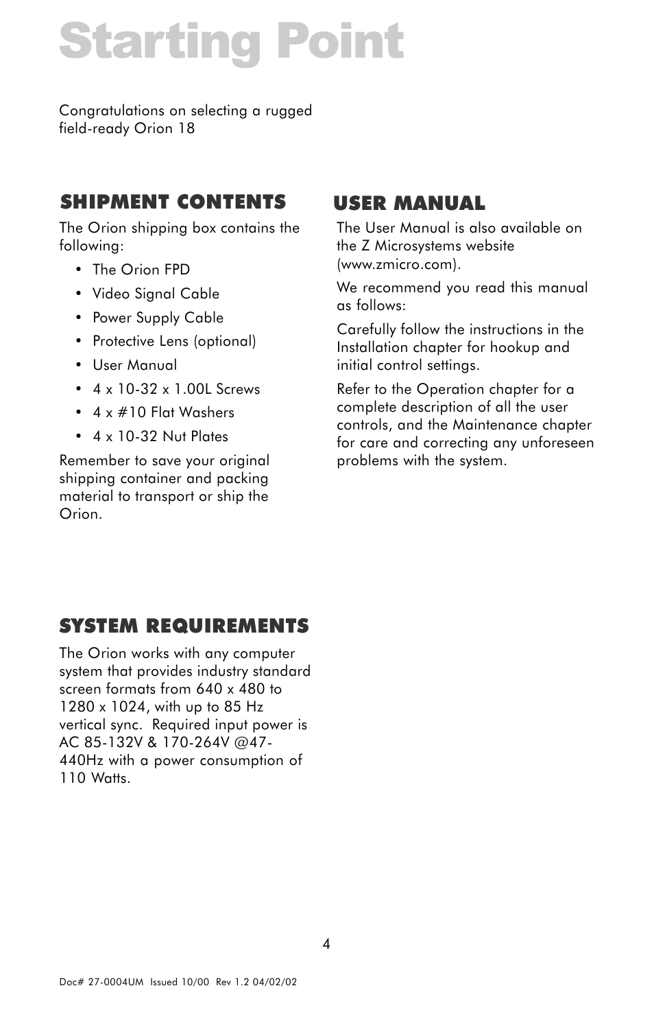 Starting point, System requirements, User manual shipment contents | Z Microsystems 18 User Manual | Page 4 / 29