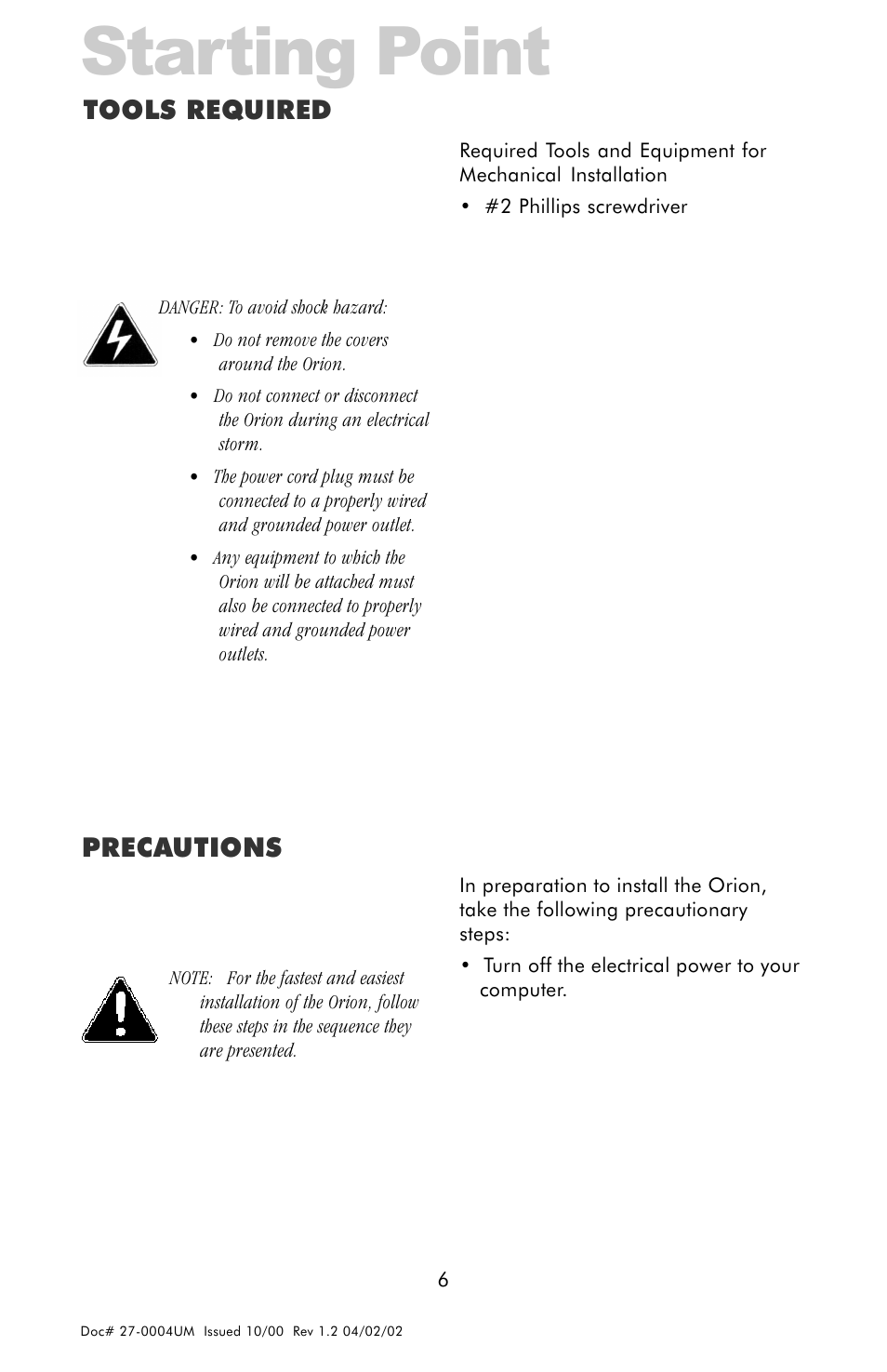 Starting point, Tools required precautions | Z Microsystems 18 User Manual | Page 6 / 29