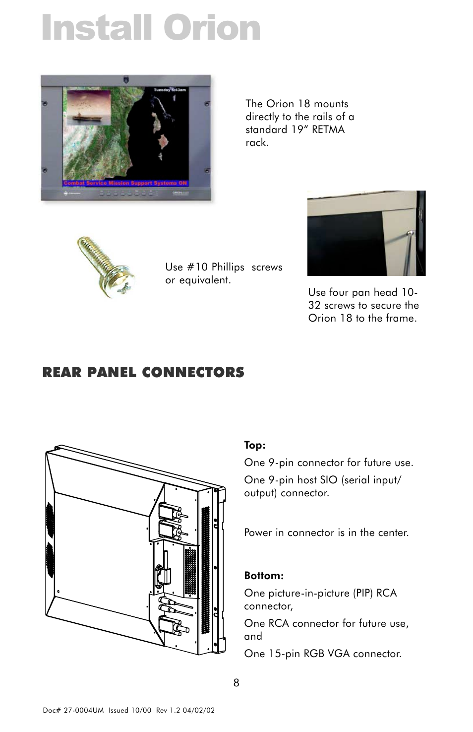 Install orion, Rear panel connectors | Z Microsystems 18 User Manual | Page 8 / 29