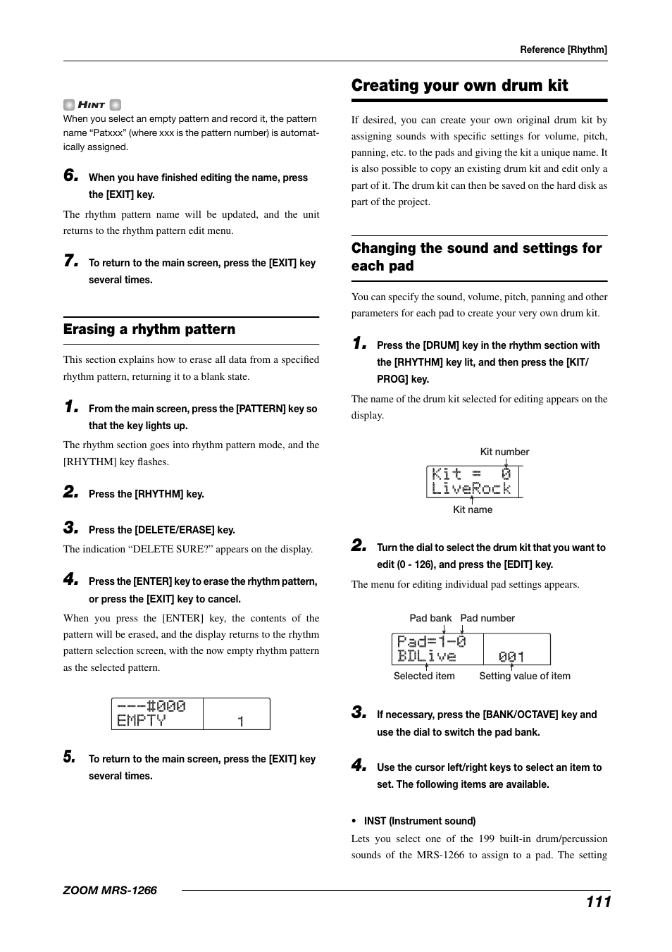 Kit = 0 kit = 0 liverock liverock, Pad=1-0 pad=1-0 bdlive bdlive, Creating your own drum kit | Zoom MRS-1266 User Manual | Page 111 / 192