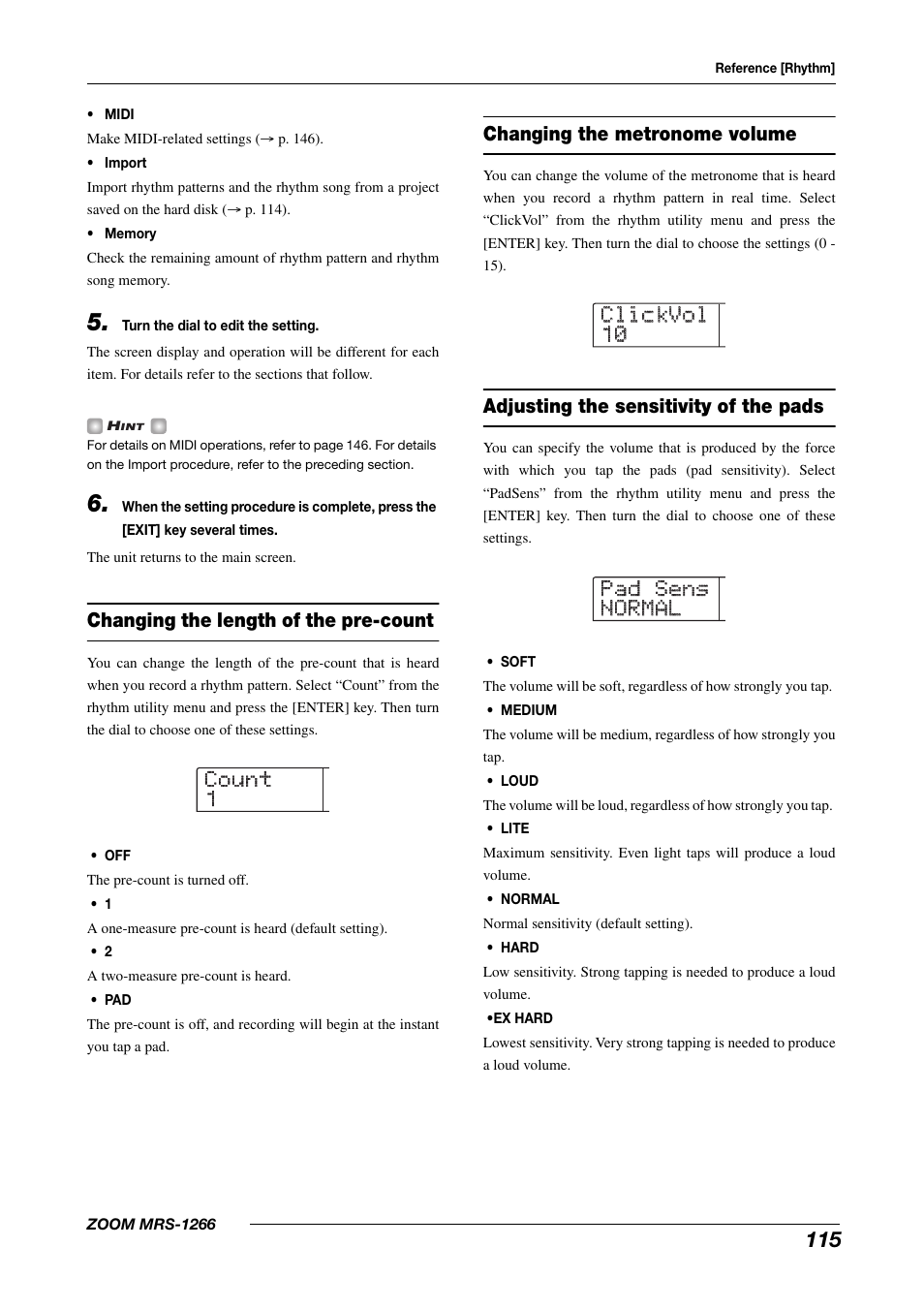 Changing the length of the pre-count, Changing the metronome volume, Adjusting the sensitivity of the pads | Zoom MRS-1266 User Manual | Page 115 / 192