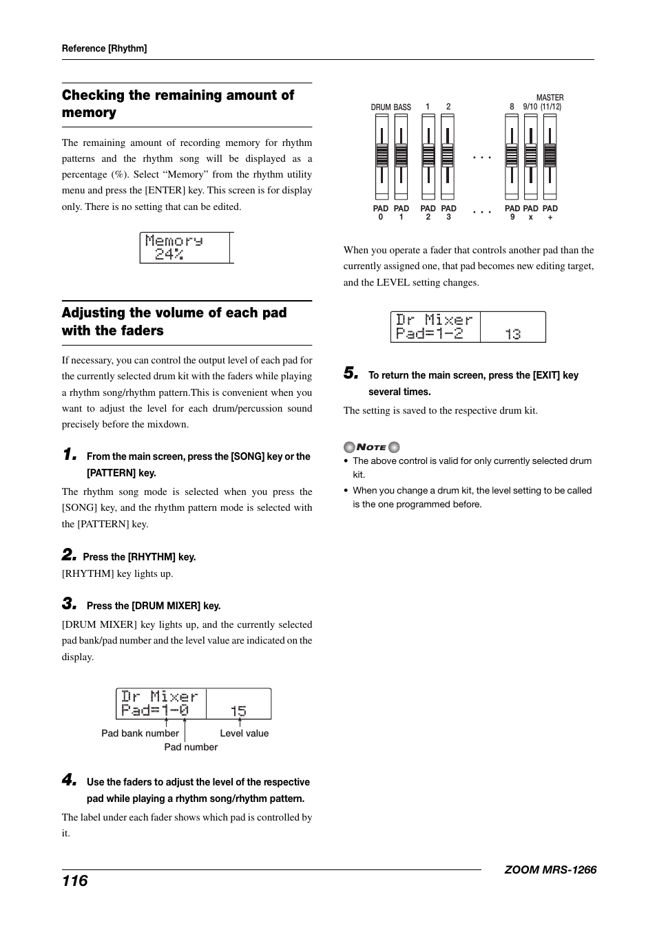 Dr mixer dr mixer pad=1-0 pad=1-0, Dr mixer dr mixer pad=1-2 pad=1-2, Adjusting the volume of each pad with the faders | Zoom MRS-1266 User Manual | Page 116 / 192