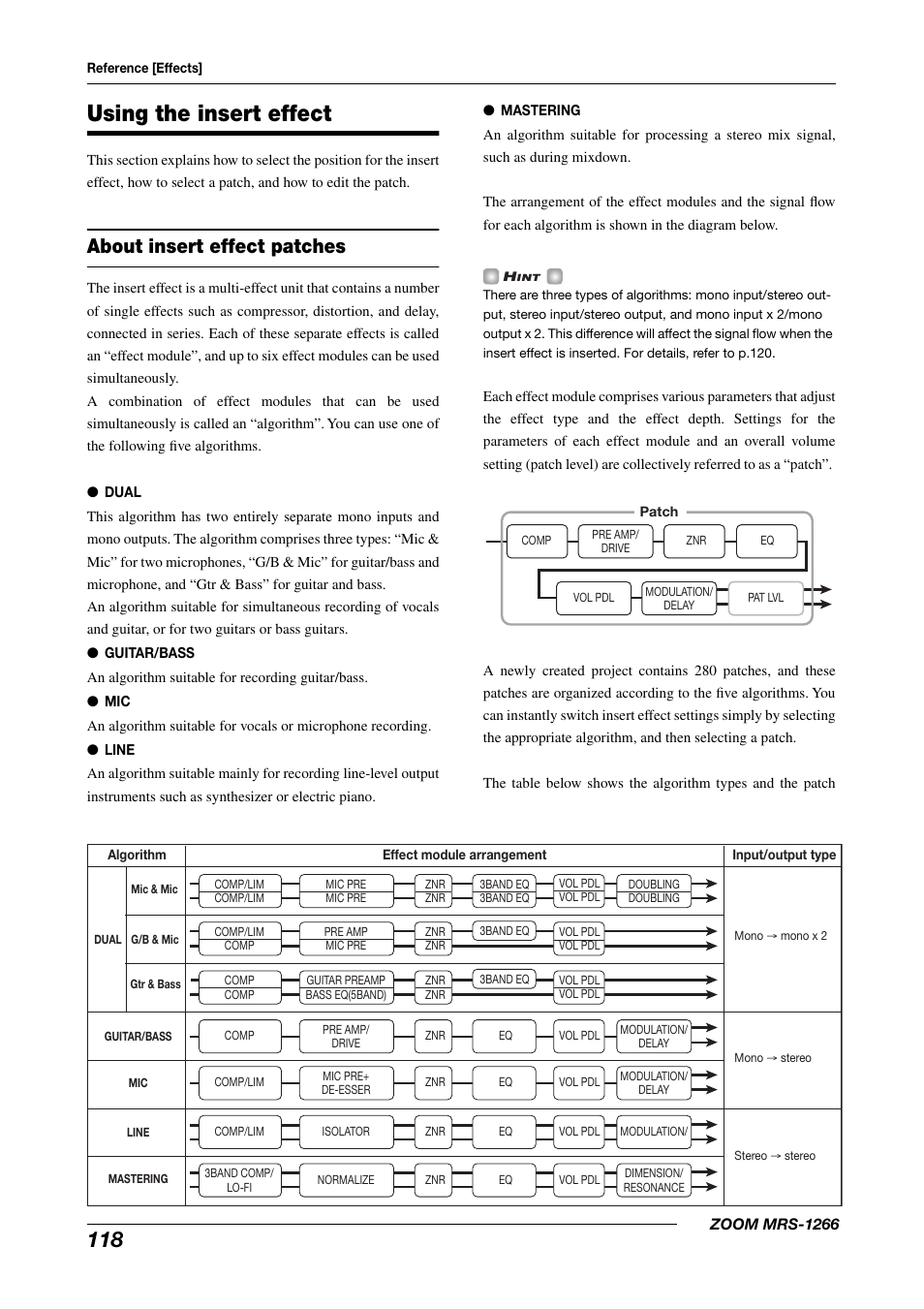 Using the insert effect, About insert effect patches | Zoom MRS-1266 User Manual | Page 118 / 192