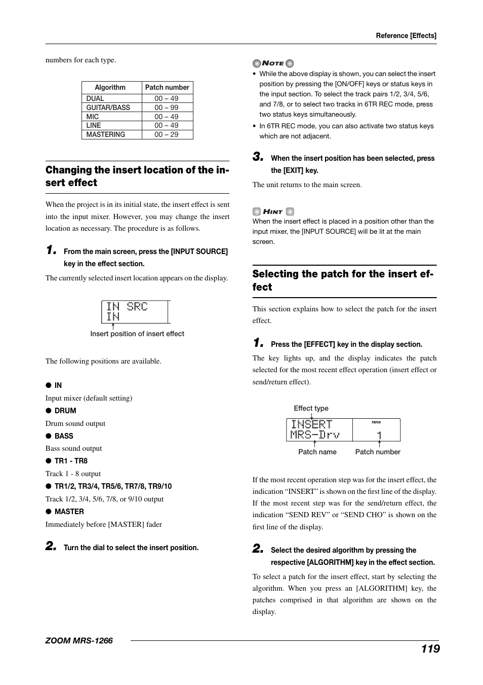 Insert insert mrs-drv mrs-drv, Selecting the patch for the insert ef- fect | Zoom MRS-1266 User Manual | Page 119 / 192