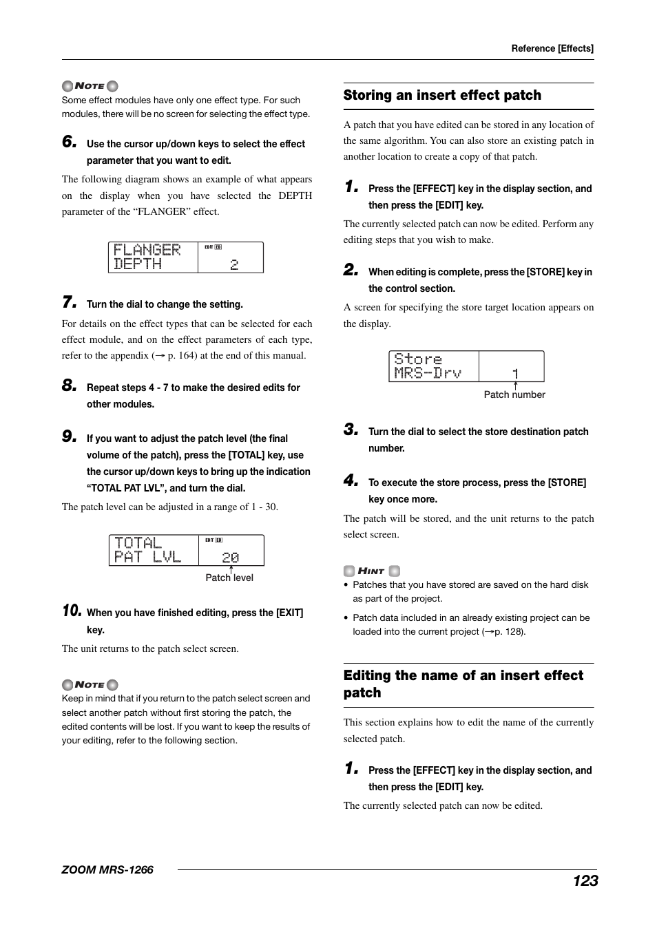 Flanger flanger depth depth, Total total pat lvl pat lvl, Store store mrs-drv mrs-drv | Zoom MRS-1266 User Manual | Page 123 / 192