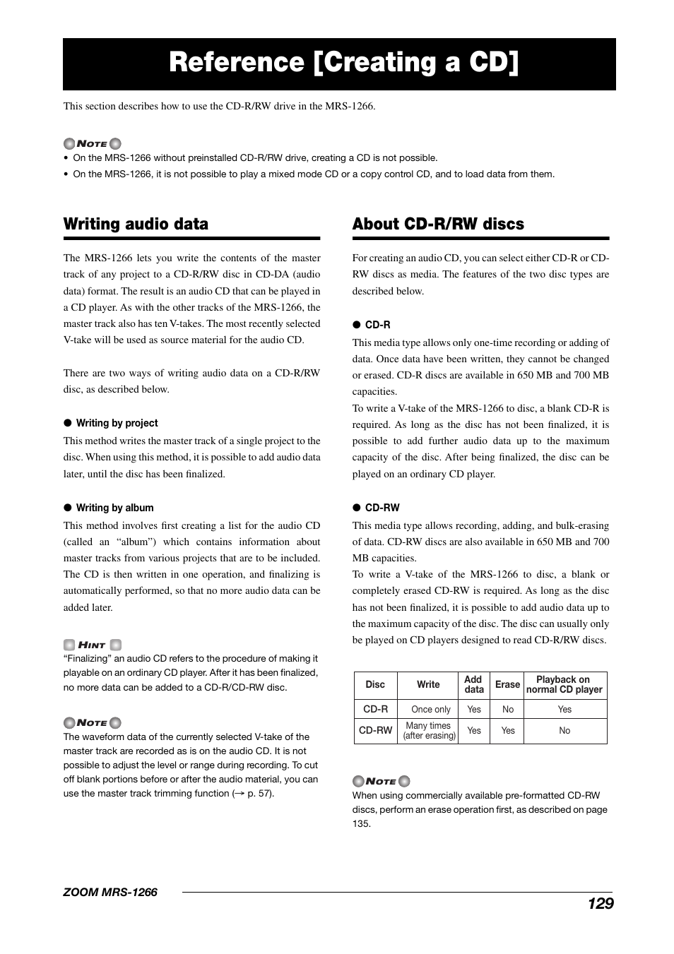 Reference [creating a cd, Writing audio data, About cd-r/rw discs | Zoom MRS-1266 User Manual | Page 129 / 192