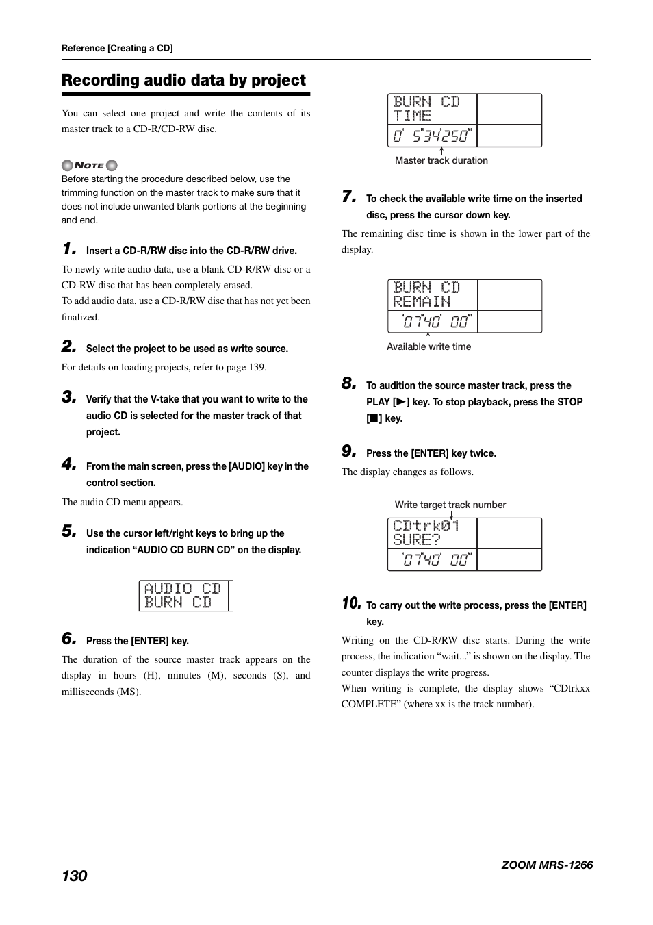 Burn cd burn cd remain remain, Cdtrk01 cdtrk01 sure? sure, Recording audio data by project | Zoom MRS-1266 User Manual | Page 130 / 192