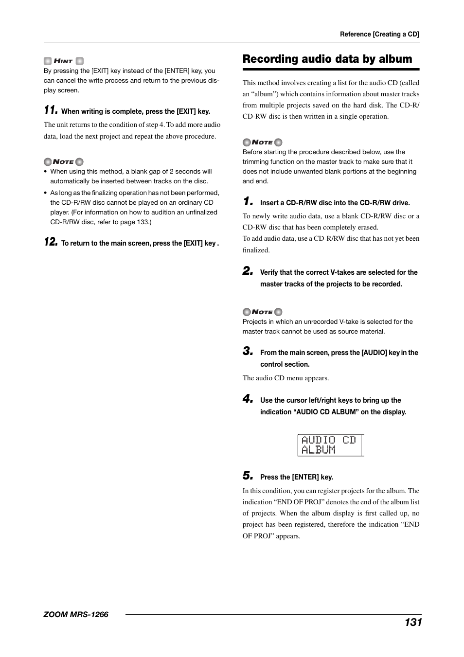 Audio cd audio cd album album, Recording audio data by album | Zoom MRS-1266 User Manual | Page 131 / 192