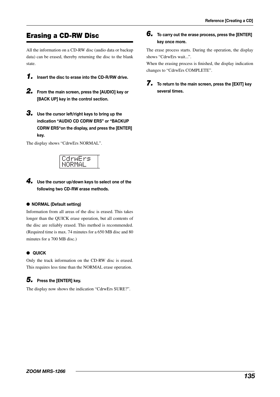 Cdrwers cdrwers normal normal, Erasing a cd-rw disc | Zoom MRS-1266 User Manual | Page 135 / 192