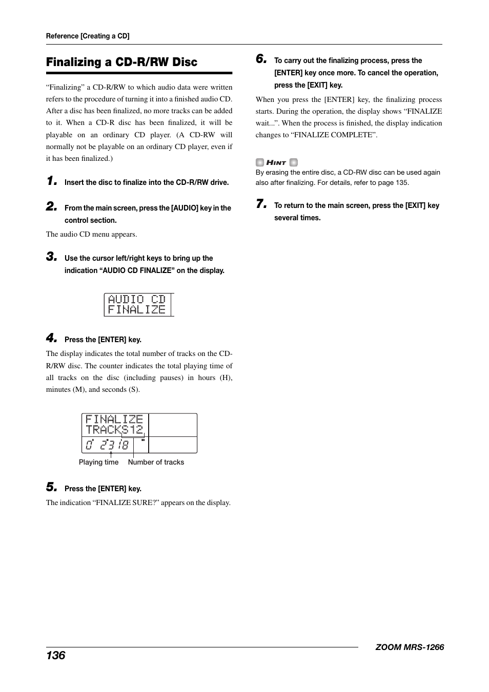 Finalizing a cd-r/rw disc | Zoom MRS-1266 User Manual | Page 136 / 192