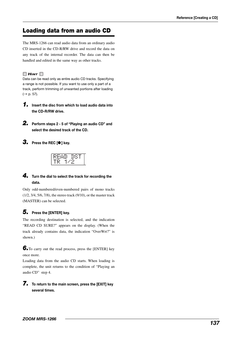 Read dst read dst tr 1/2 tr 1/2, Loading data from an audio cd | Zoom MRS-1266 User Manual | Page 137 / 192