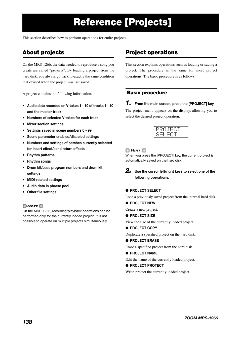 Reference [projects, Project project select select, About projects | Project operations, Basic procedure | Zoom MRS-1266 User Manual | Page 138 / 192