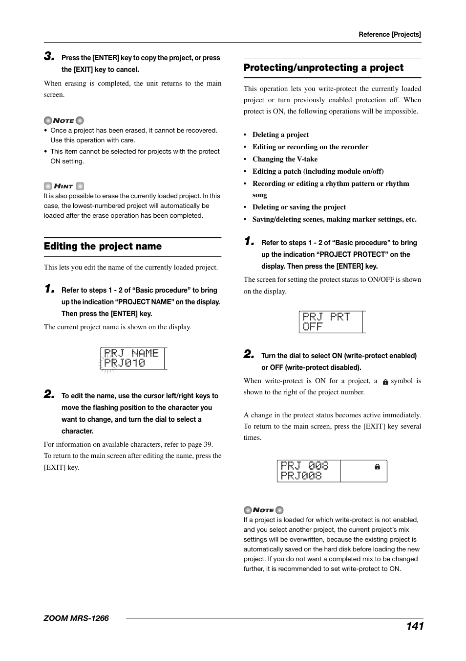 Editing the project name, Protecting/unprotecting a project | Zoom MRS-1266 User Manual | Page 141 / 192