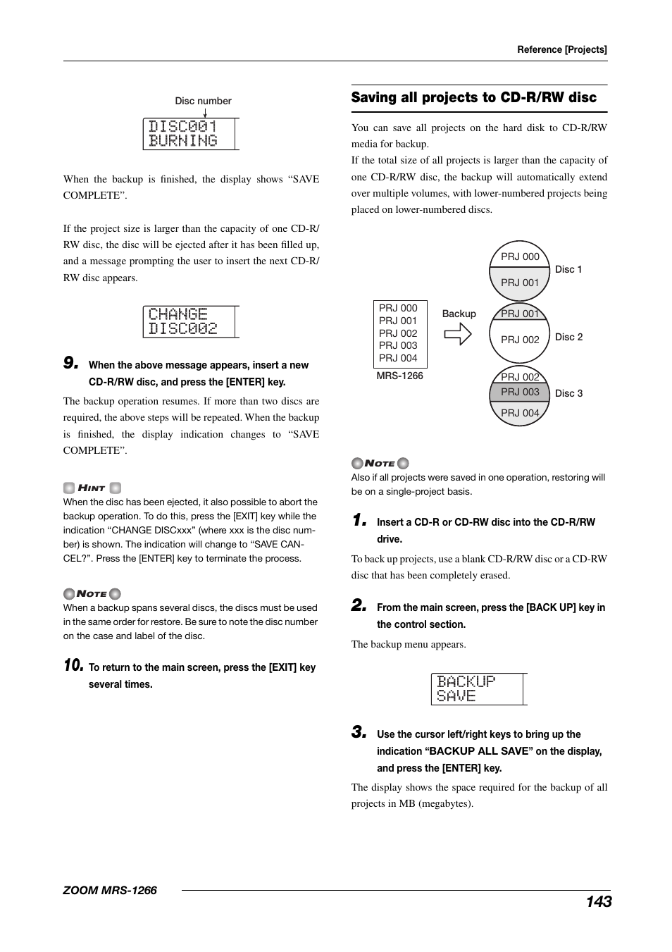 Backup backup save save, Saving all projects to cd-r/rw disc | Zoom MRS-1266 User Manual | Page 143 / 192
