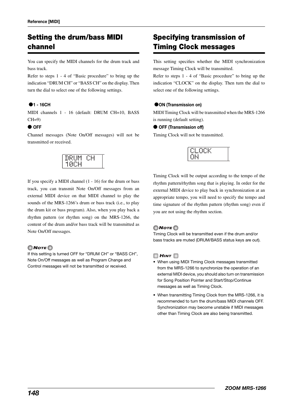 Drum ch drum ch 10ch 10ch clock clock on on, Setting the drum/bass midi channel, Specifying transmission of timing clock messages | Zoom MRS-1266 User Manual | Page 148 / 192