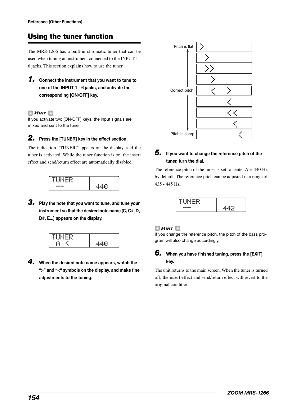 Tuner tuner, Tuner tuner a < a, Using the tuner function | Zoom MRS-1266 User Manual | Page 154 / 192