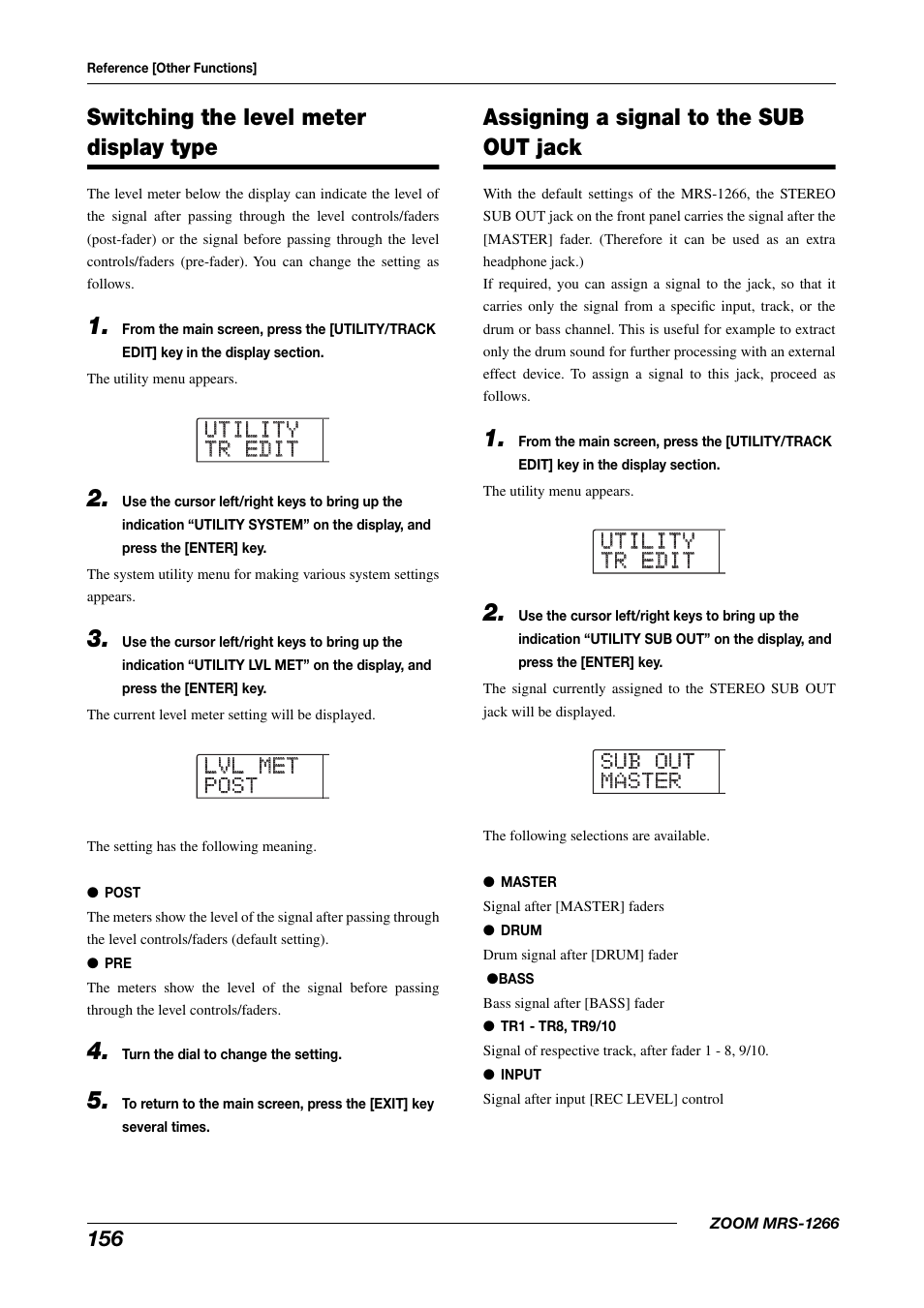 Switching the level meter display type, Assigning a signal to the sub out jack | Zoom MRS-1266 User Manual | Page 156 / 192
