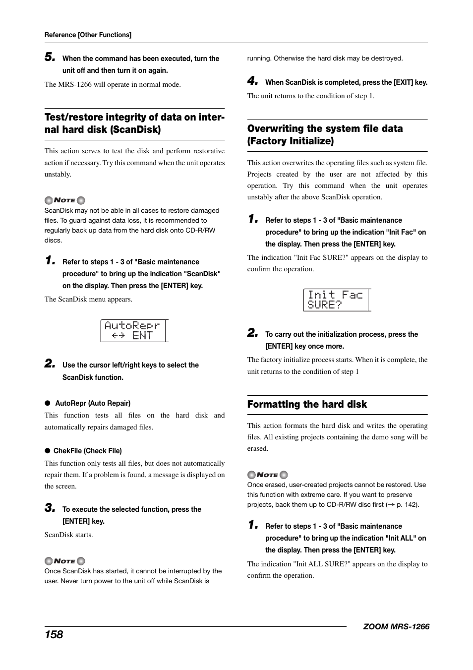 Autorepr, Autorepr å ent ent å init fac init fac sure? sure | Zoom MRS-1266 User Manual | Page 158 / 192