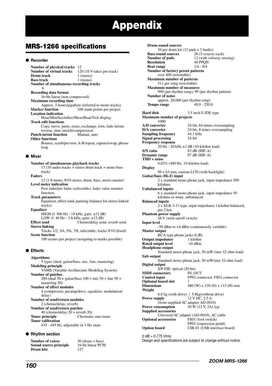 Appendix, Mrs-1266 specifications | Zoom MRS-1266 User Manual | Page 160 / 192